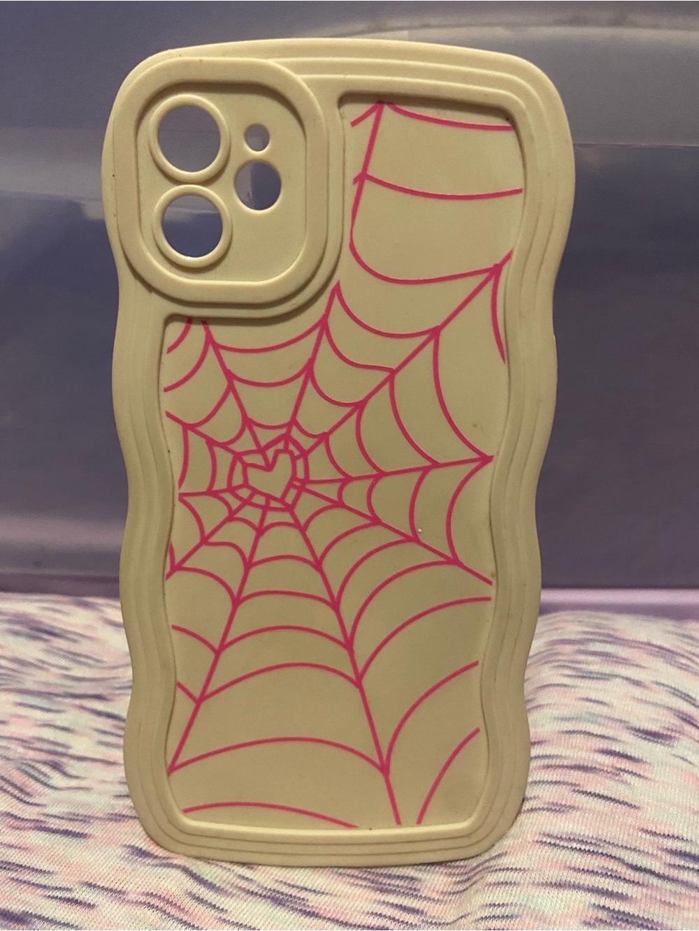 iPhone 11 Silicone Spiderweb Phone Case - Light Cream with Pink Design